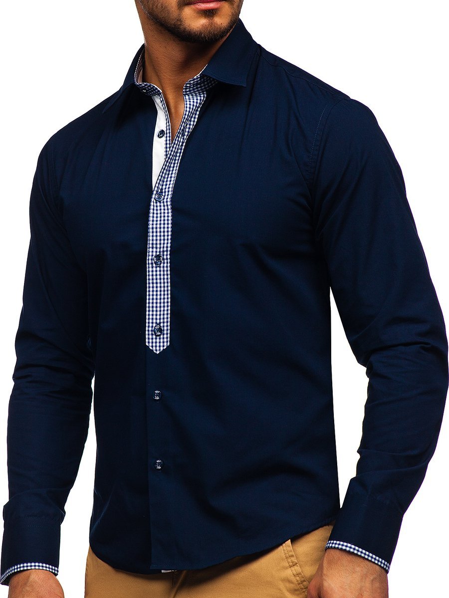 Tmavě modrá pánská elegantní košile s dlouhým rukávem Bolf 6873