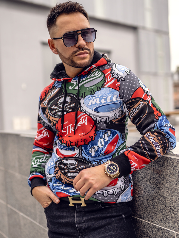 Barevná pánská mikina s kapucí a potiskem Bolf 141031A