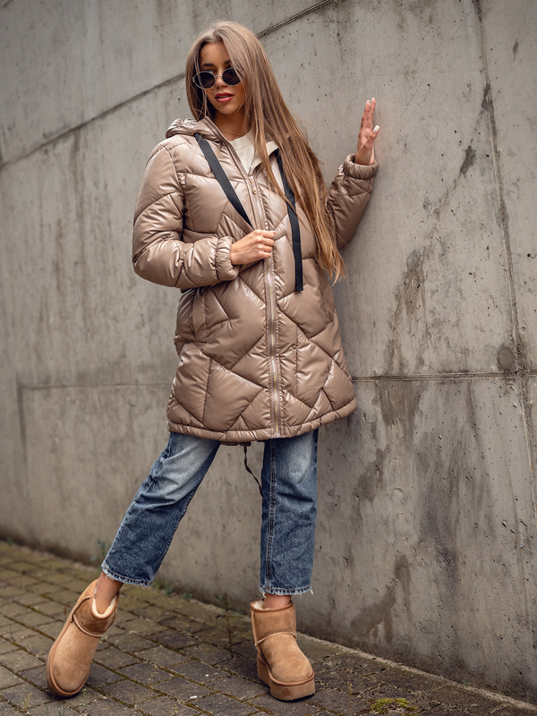 Kamelová dámská prodloužená prošívaná zimní bunda kabát s kapucí Bolf 5M3189